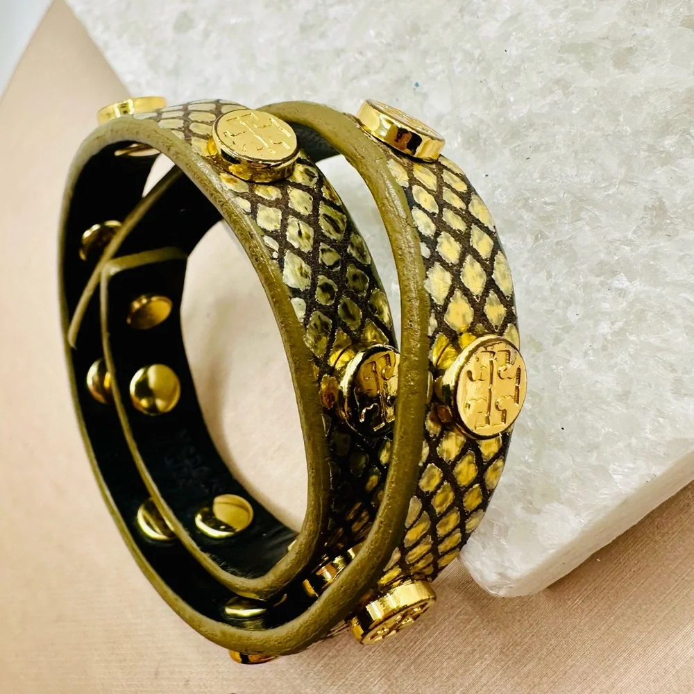 EUC Tory Burch Miller Stud Double Wrap Metallic Gold Exotic Snakeskin Bracelet